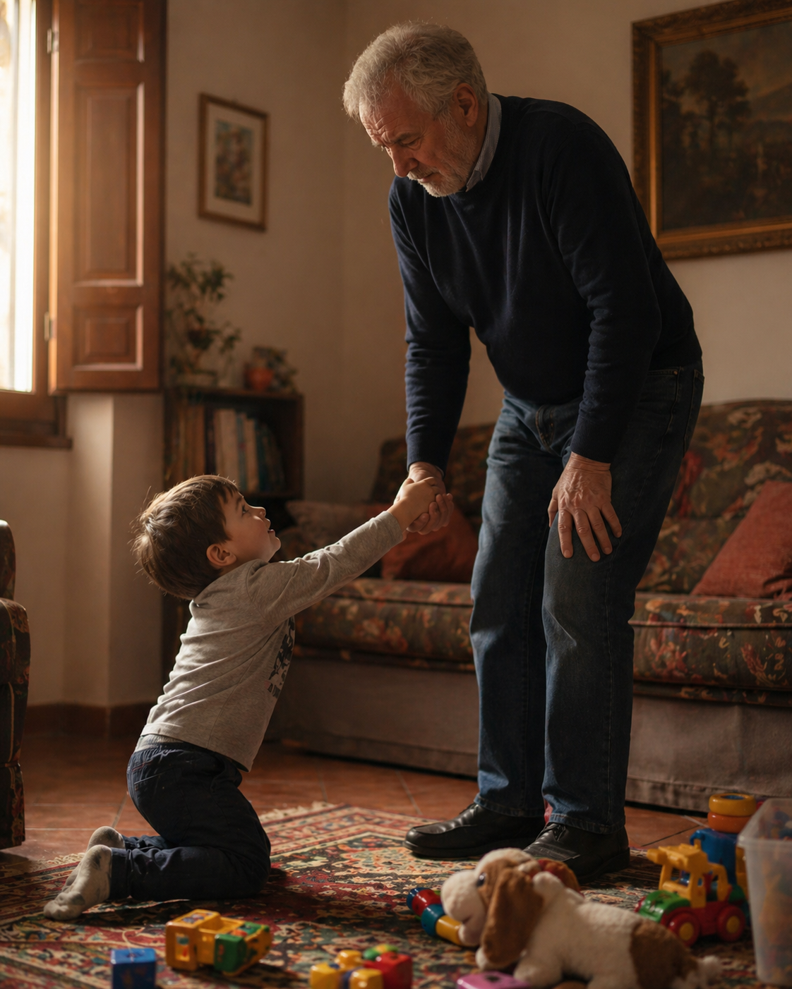 Nipotino che tira la mano del nonno per giocare per terra