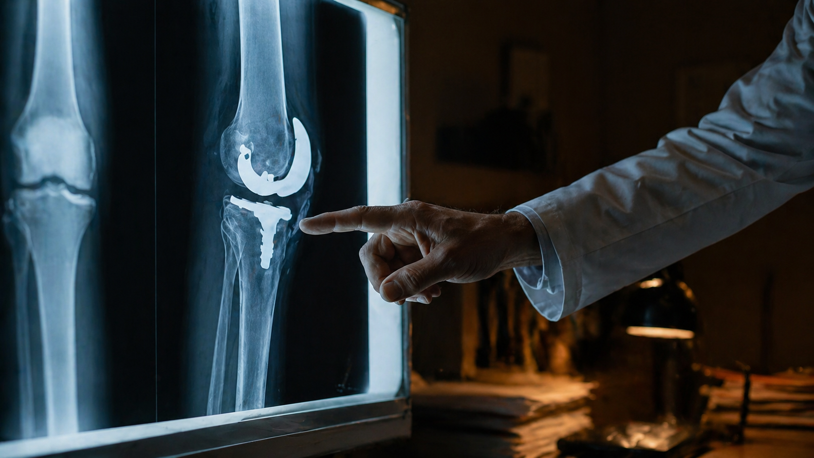 Radiografia di ginocchio con protesi metallica su lightbox